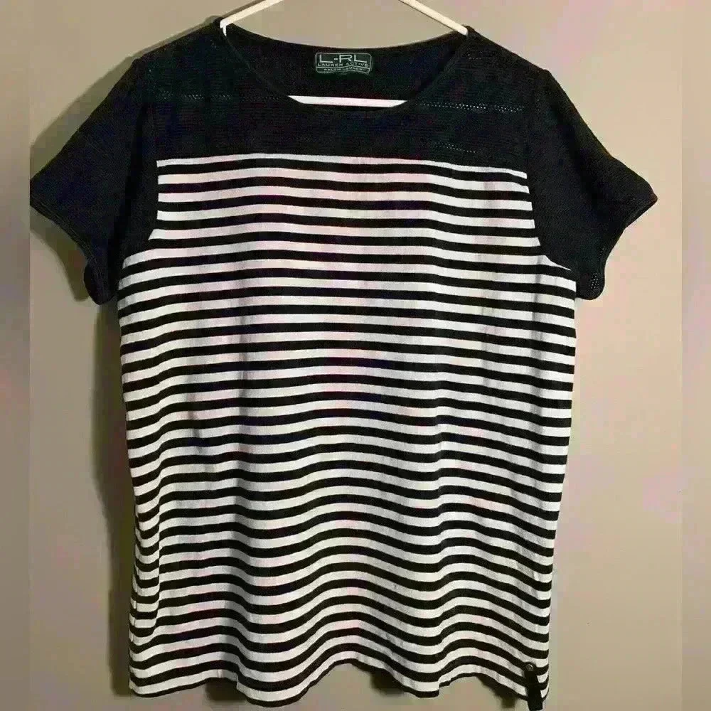 Lauren Ralph Lauren striped top size L with mesh short sleeves - Picture 1 of 4